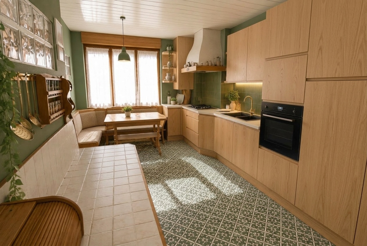 Cuisine ouverte, façades chêne clair — La Bastide