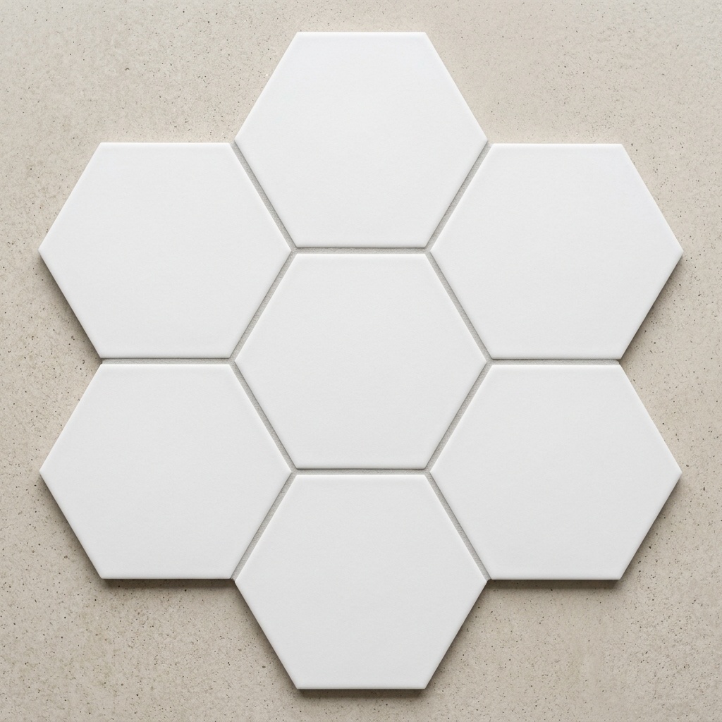 Salle de bain avec faïence hexagonale blanc mat, 15 cm de côté