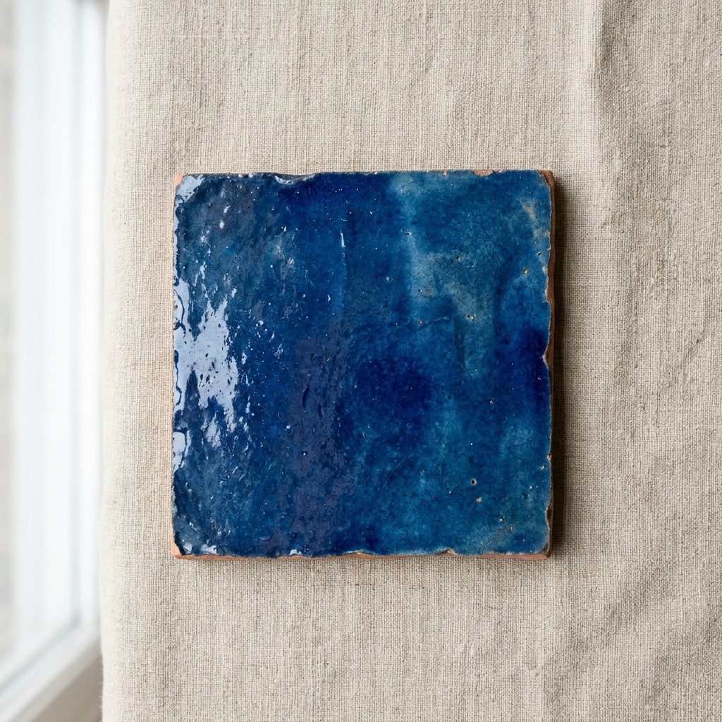 Salle de bain avec zellige bleu artisanal brillant, format 10x10 cm