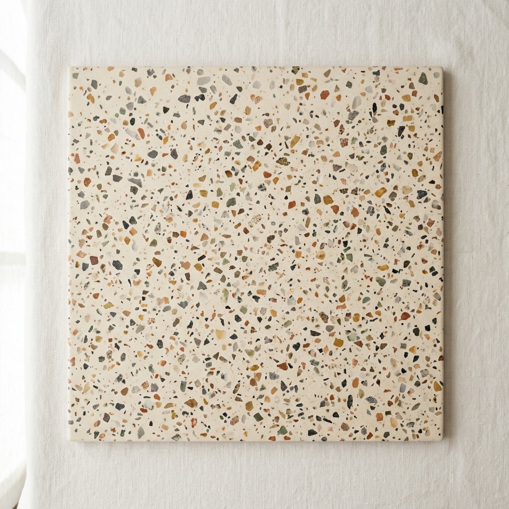 Salle de bain avec faïence terrazzo crème mat, grand format 60x60 cm