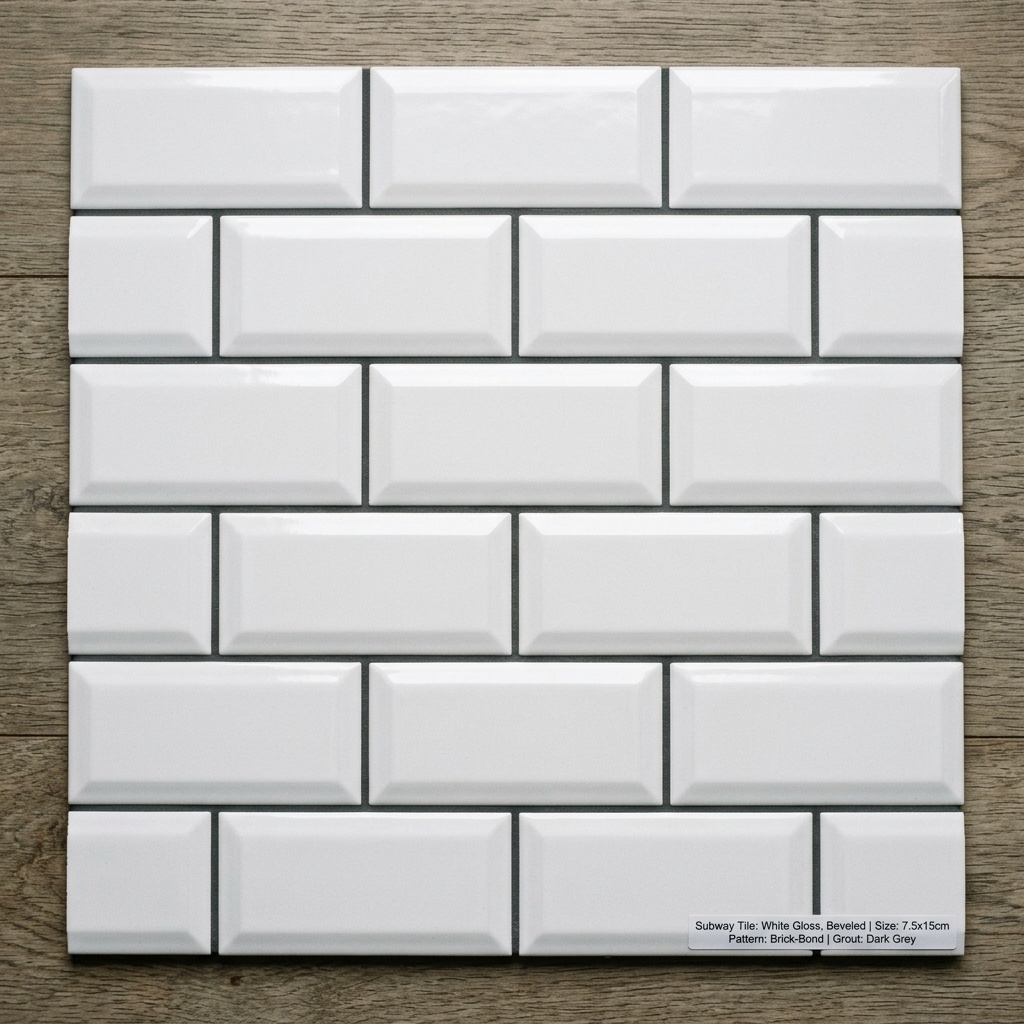 Salle de bain avec faïence métro blanc brillant, format 7,5x15 cm