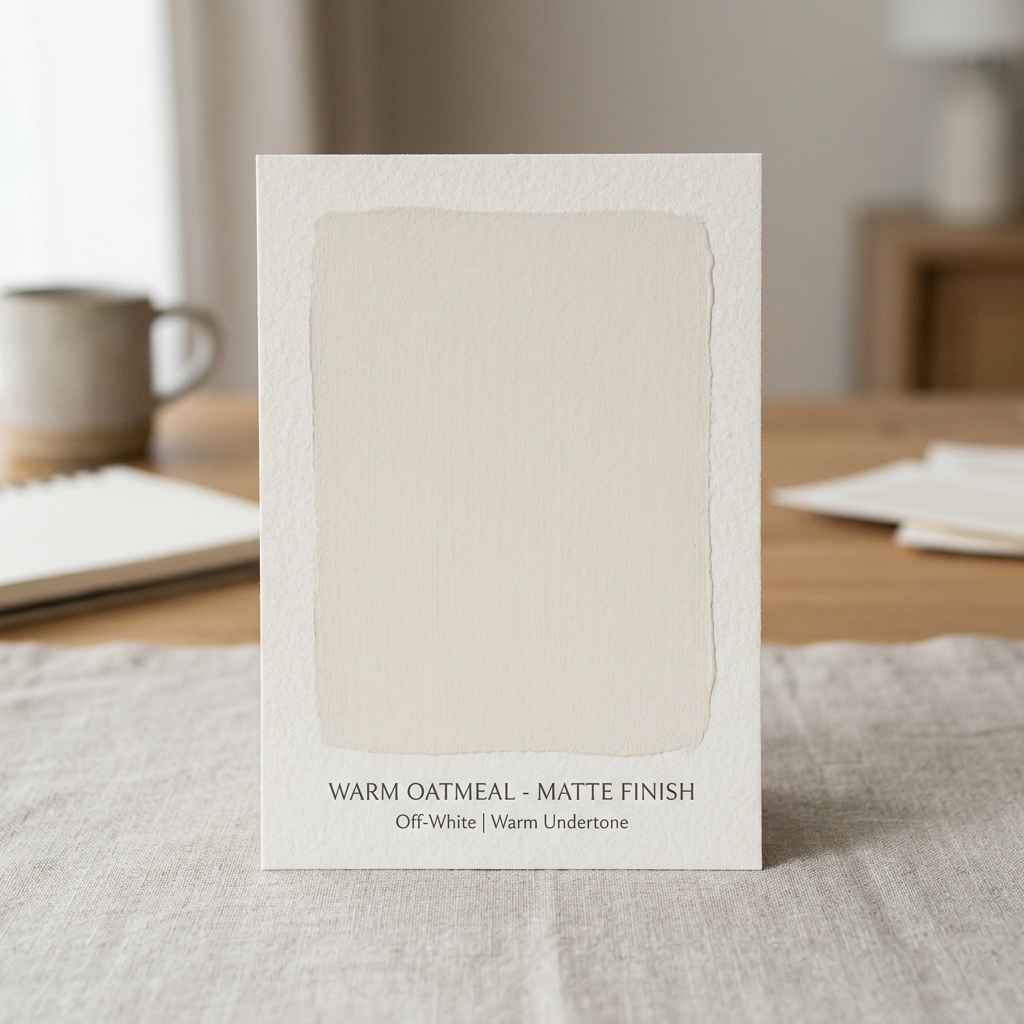 Mur peint en blanc cassé chaud, finition mate, ambiance scandinave